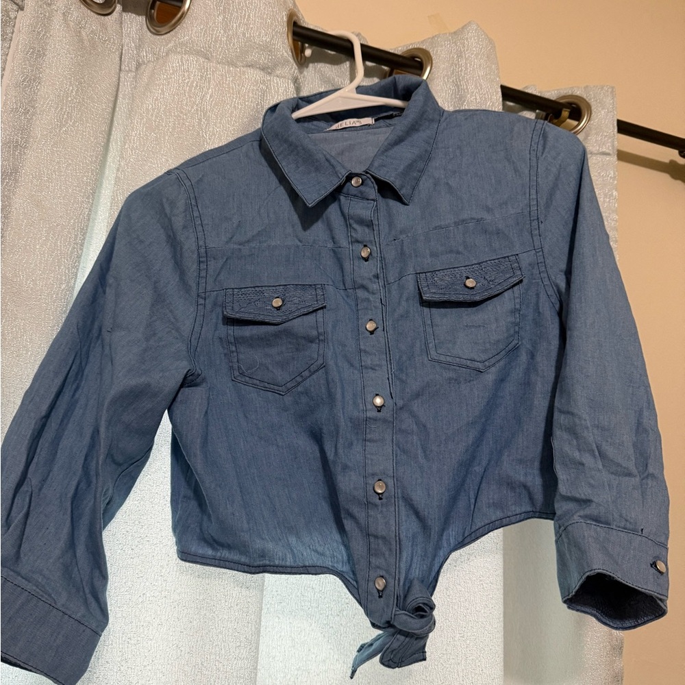 Blue Denim Button-Up Crop Top Shirt